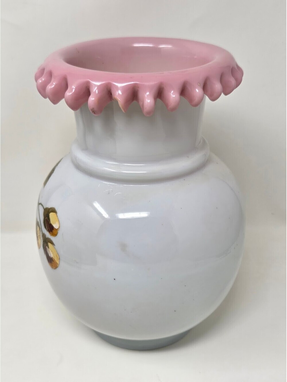 Pink Ruffled Rim Milk Glass Vase Hand Painted Floral Design 10 Inch Decor - Picture 4 of 8